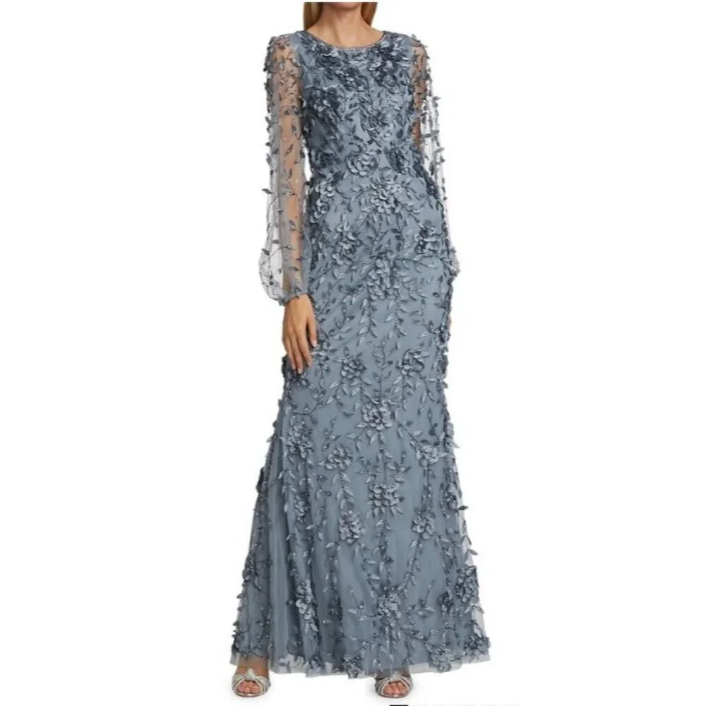 Theia $1295 Floral Mesh Long-Sleeve Gown Blue Formal Evening Dress Size 4 NWT - Picture 4 of 10